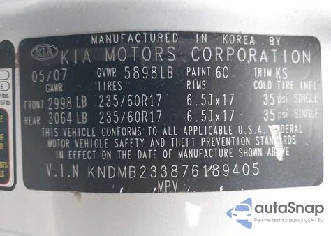 2007 Kia Sedona Ex z USA, uszkodzony, nr VIN KNDMB233876189405